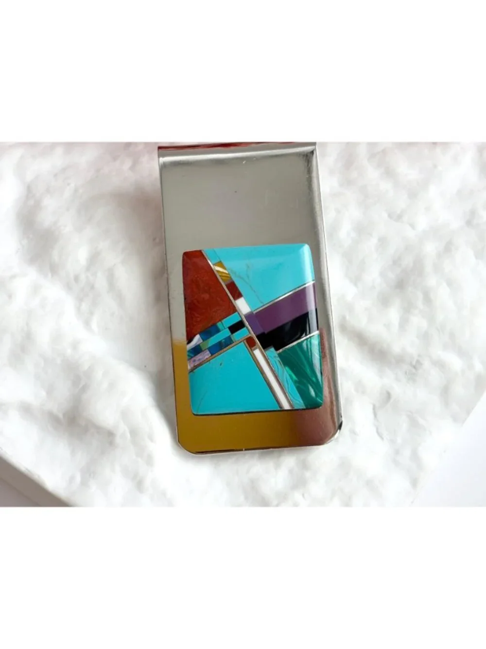 Turquoise, Coral, Onyx, Amethyst Southwest Vintage Stainless Steel Money Clip